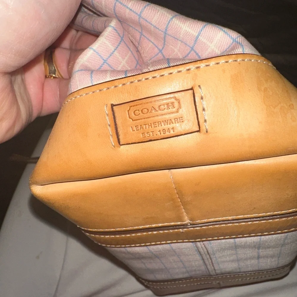 Coach y2k Hampton pink and blue Plaid Tote Bag tan leather trim silver accents - Picture 11 of 13